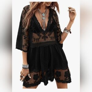 Nwt OS Eomenie Women's Contrast Lace Bathing Suit Cover Up V-Neck Swimsuit Cover